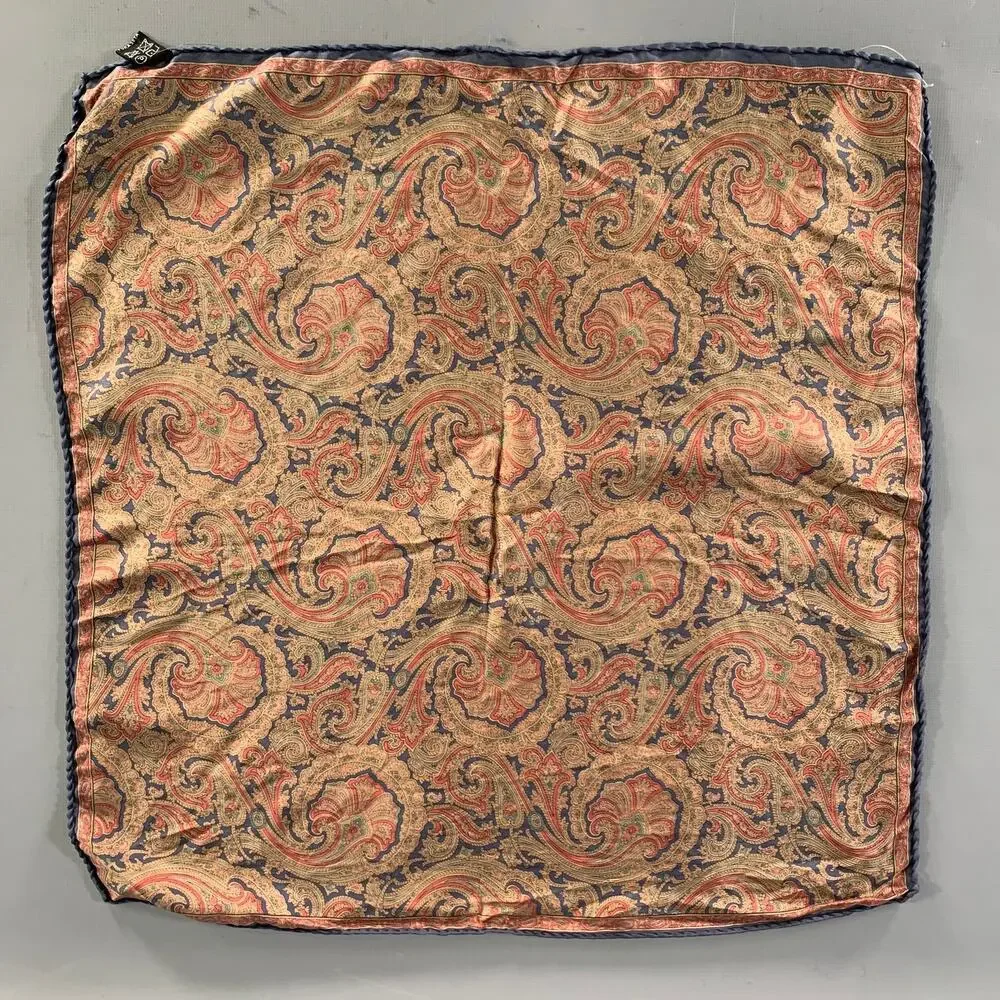 NO BRAND Navy Tan Paisley Silk Pocket Square